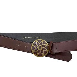 Coldwater Creek leather belt round brass tooled buckle Size L brown boho western